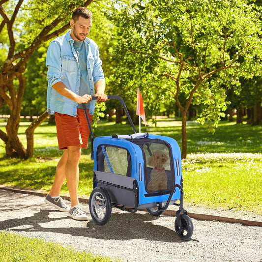 Dog Bike Trailer 2-In-1 Pet Stroller Cart Bicycle Wagon Cargo Carrier Attachment for Travel with 360 Swivel Wheel, Hitch, Suspension, Safety Flag, Blue Dog Bike Trailers & Strollers Blue and Grey at Gallery Canada