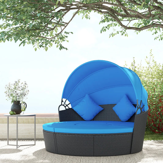 4-Piece Round Sofa Bed, Outdoor Daybed, Retractable Canopy, PE Rattan Daybeds Black Rattan, Blue Cushion at Gallery Canada