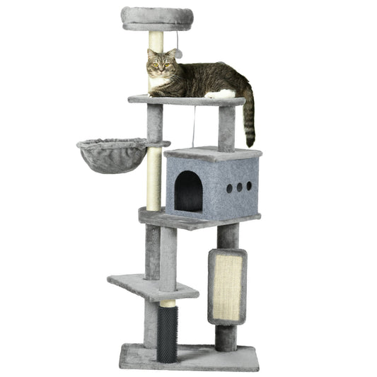 59" Cat Tree with Scratching Posts, Self Groomer, Scratching Pad, Large Cat Tower for Indoor Cats with Hammock, Bed, House, Toys, Grey - Gallery Canada