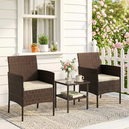 3 Piece Wicker Bistro Set, 2-Tier Glass Top Table, Khaki Bistro Sets Brown, Khaki at Gallery Canada