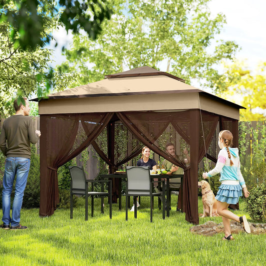 10.7 x 10.7ft Pop Up Gazebo, Adjustable Sun Shelter, UV30+ Roof, Removable Mesh Curtains, Beige Pop Up Canopies Beige at Gallery Canada