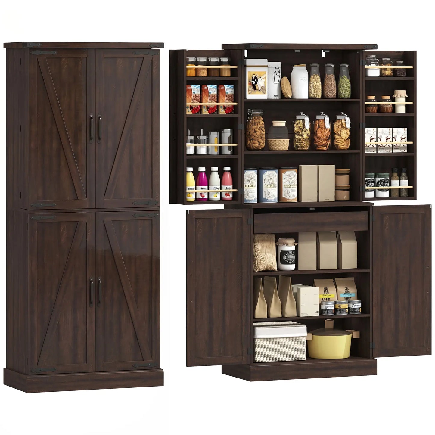 72" Tall Kitchen Pantry Cabinet, Farmhouse Storage Cabinet with 8 Door Racks and Adjustable Shelves, Distressed Brown Kitchen Pantry Cabinets at Gallery Canada