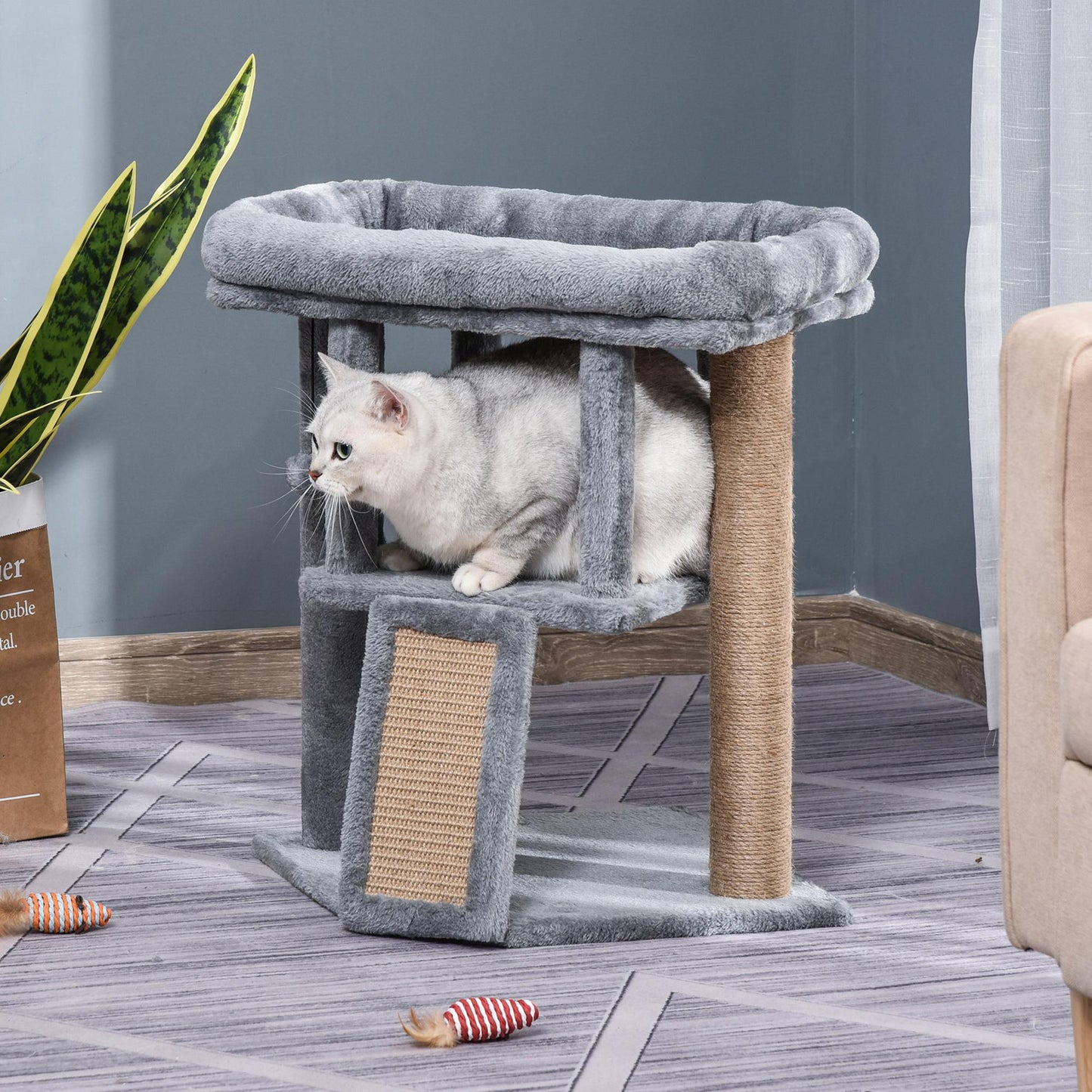 Cat Tree, Small Cat Tower with Perch, Scratching Post, Cat Condo, Toy Ball for Kitty, Indoor Use, Grey at Gallery Canada