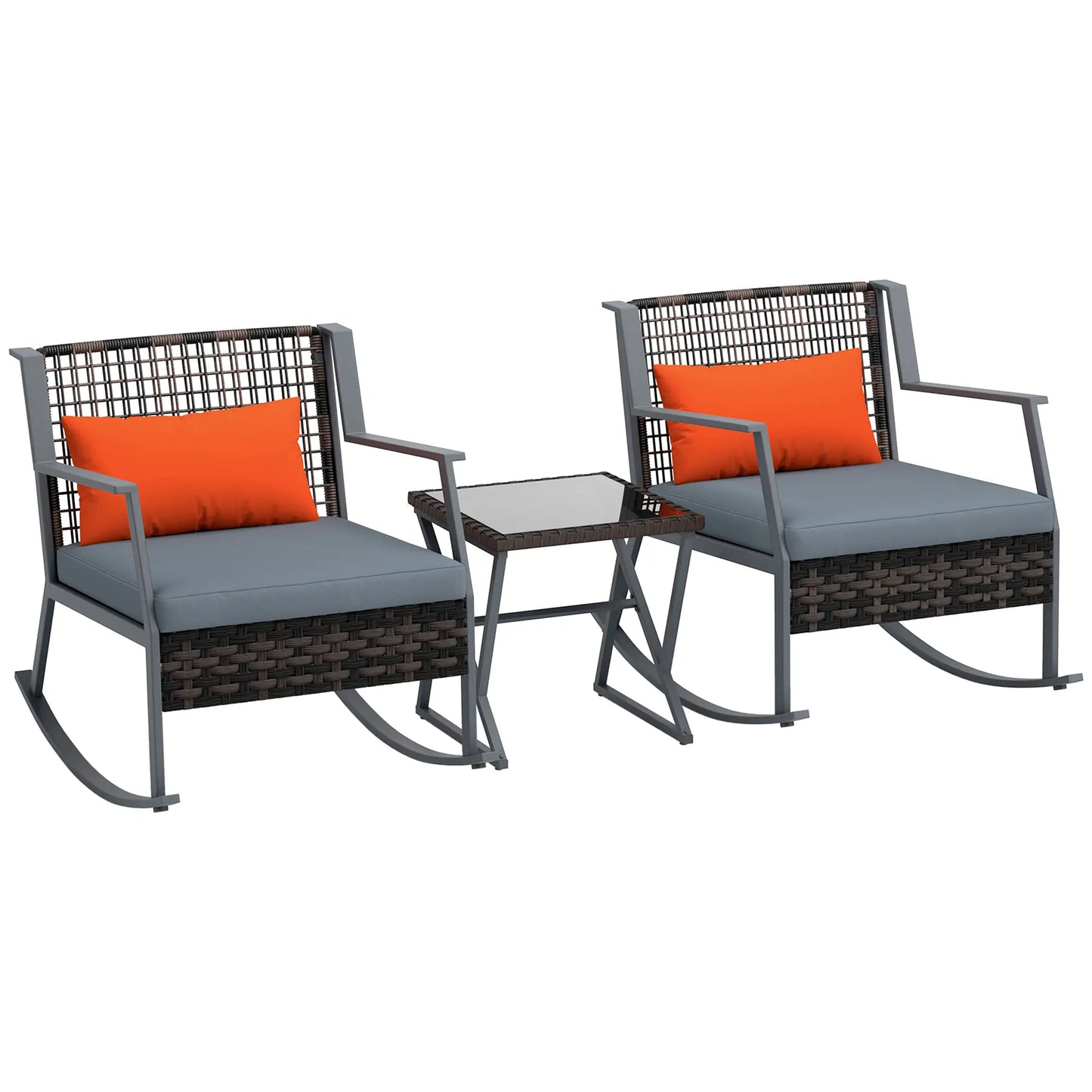 3 Pc Rocking Bistro Set, Wicker Patio Furniture with Cushions, Glass Table, Grey Outdoor Rocking Chairs at Gallery Canada