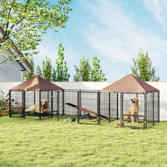 Outdoor Dog Kennel, 2 Rooms, Adjustable Bowls, Waterproof Cover, 16.2' x 4.7' x 5.1' Houses, Kennels & Pens Coffee at Gallery Canada