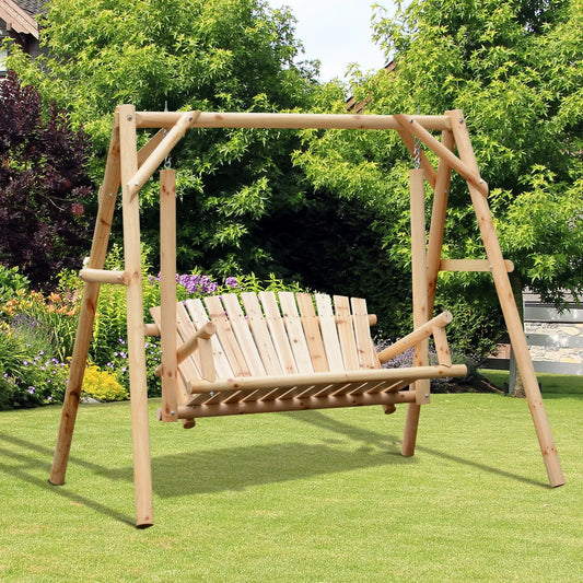 6.5' Wooden Loveseat, Farmhouse Style Log Swing, Natural Wood Patio Swings with Stand Natural at Gallery Canada