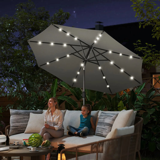 8.8 ft Solar Patio Umbrella, Adjustable LED Lights, Dark Grey Sun Umbrellas Dark Grey at Gallery Canada