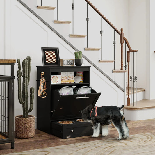 Pet Feeder Station, Dog Food Storage Cabinet with Bowls, Black