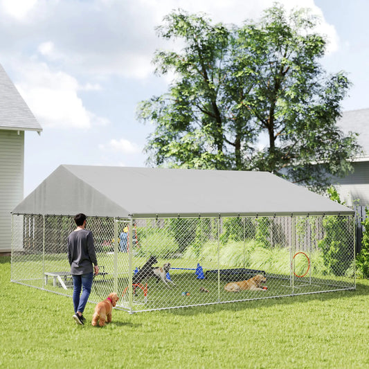 Heavy Duty Outdoor Dog Kennel, Waterproof Roof, Secure Latch, 19.7' x 19.7' x 8.9' Dog Kennels Silver at Gallery Canada