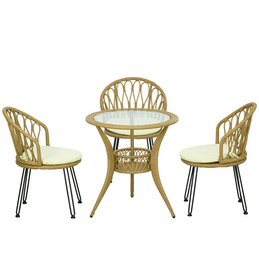 4 Pieces Rattan Dining Set with Storage Basket, Tempered Glass Table Top, for Garden, Backyard, Balcony, Light Brown - Gallery Canada