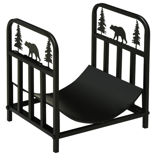 Curved Firewood Rack with Bear and Pine Tree Design, 17 Inch Log Holder Storage Rack with 110 lbs. Capacity, Black - Gallery Canada