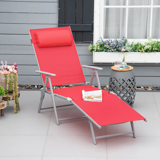 Outdoor Folding Chaise Lounge, Steel Recliner, 7 Adjustable Positions, Red Lounger Chairs Red at Gallery Canada