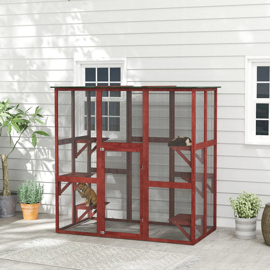71" x 39" x 71" Cat Cage, Large Outdoor Wooden Cat Patio, 6 Platforms, Asphalt Roof, Wine Red Outdoor Cat Enclosures Wine Red at Gallery Canada
