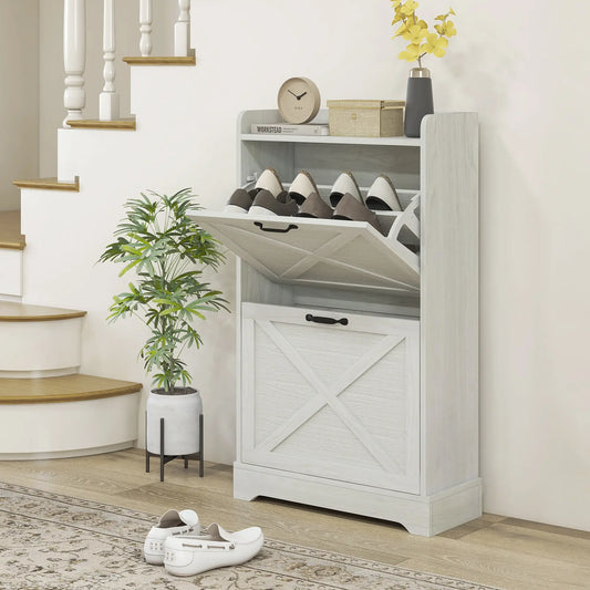 Slim Shoe Storage Cabinet, Farmhouse Style, 2 Flip Drawers, Adjustable Shelves, Holds 8 Pairs, Distressed, White Shoe Storage Cabinets & Racks Distressed White at Gallery Canada