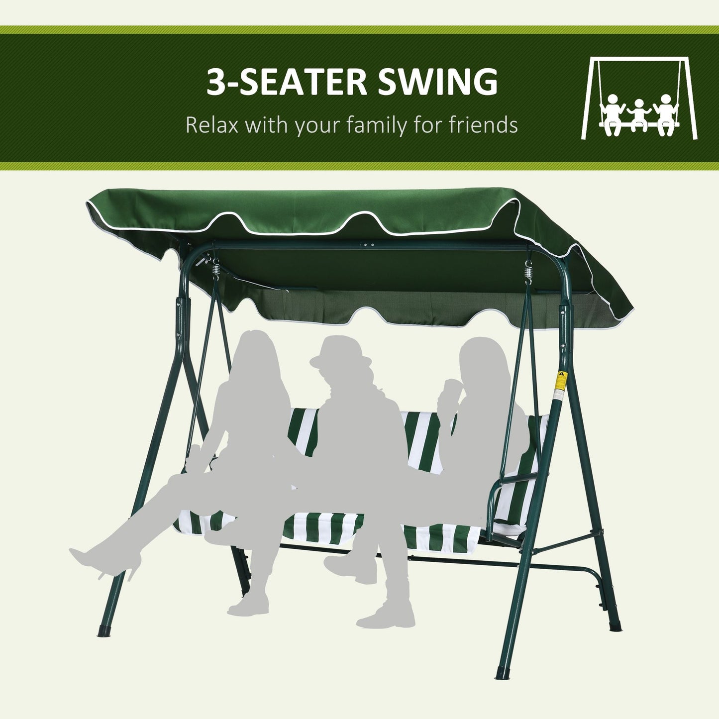 3-Seater Outdoor Porch Swing with Adjustable Canopy, Patio Swing Chair for Garden, Poolside, Backyard, Green and White at Gallery Canada