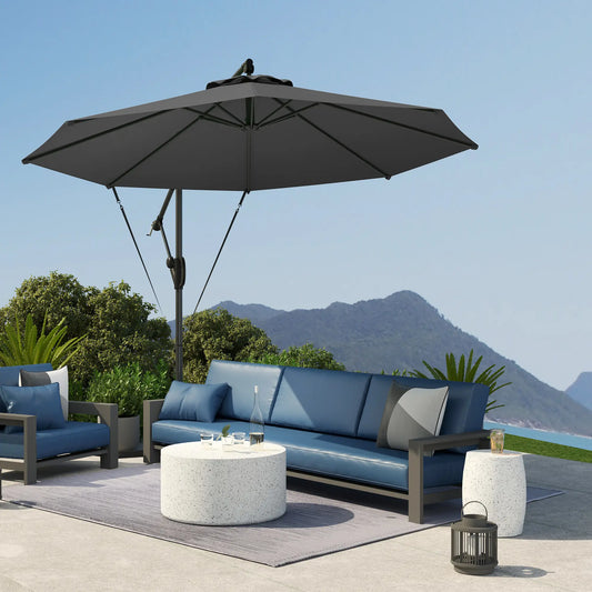 118.1" Patio Offset Umbrella, With Cover, Wind Strap, Crank, Tilt, UPF50+, Grey Offset Cantilever Umbrellas Grey at Gallery Canada