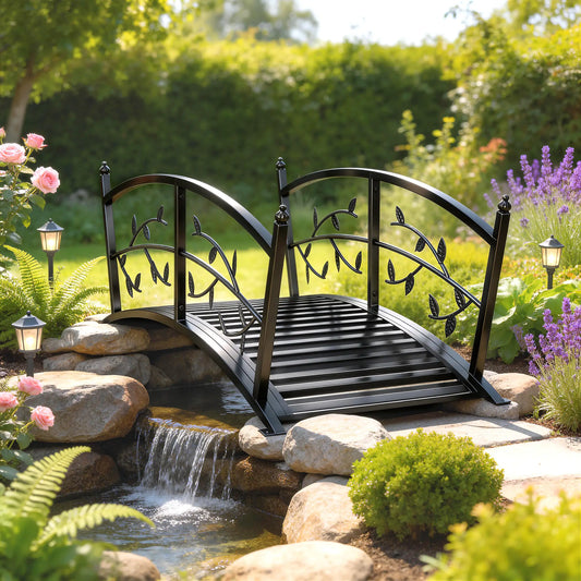 4 FT Metal Garden Bridge, Safety Railings, Outdoor Pond, Arch Footbridge Garden Decor Black at Gallery Canada
