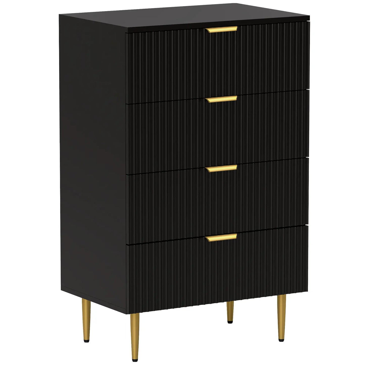 Modern 4 Drawer Dresser, Black with Gold Legs, Bedroom Chest, Black, Gold