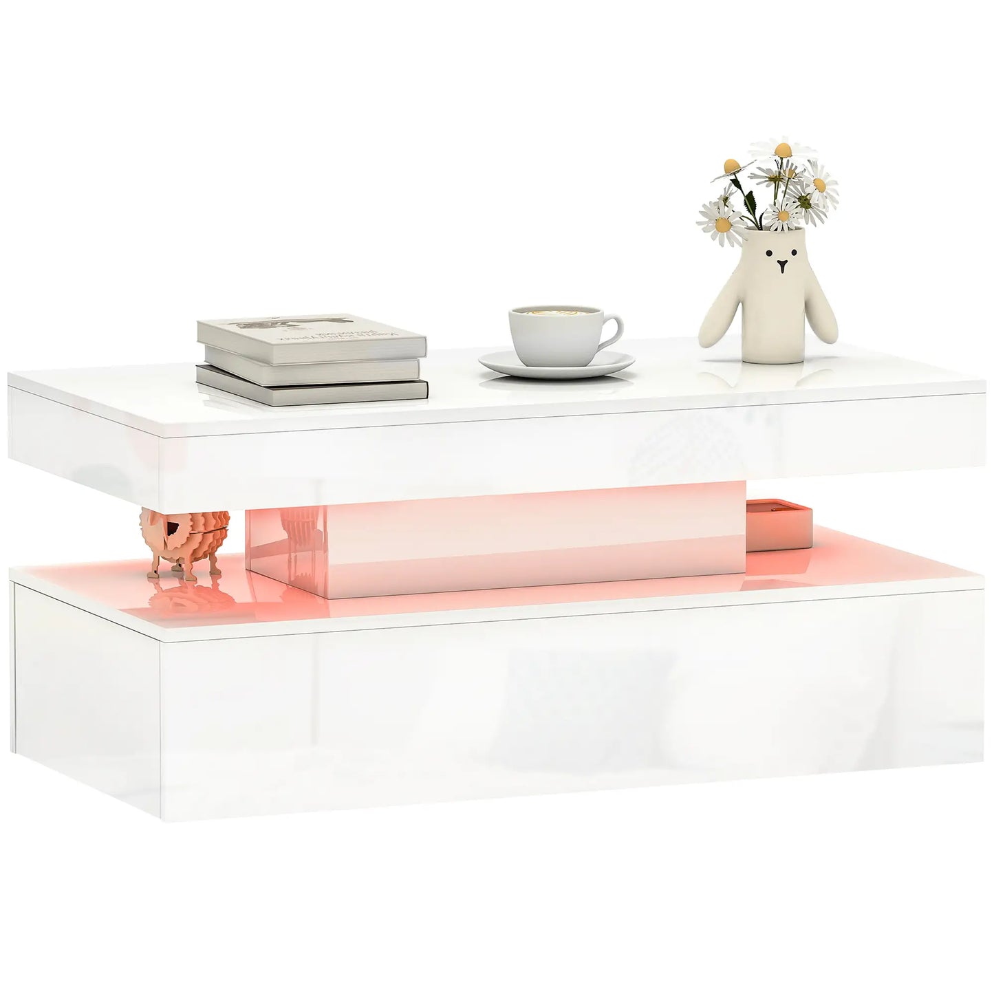 LED Coffee Table, 2 Drawers, Open Shelf, High Gloss White, White Coffee Tables at Gallery Canada