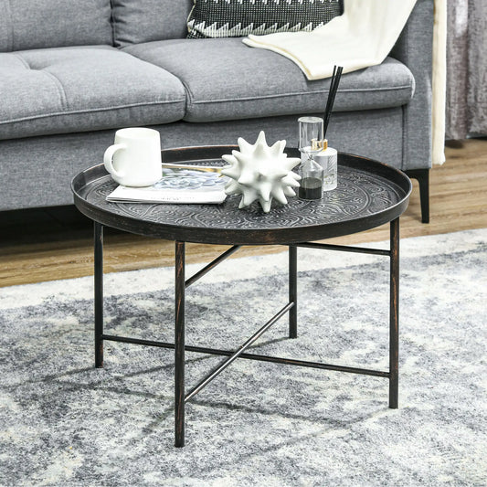 Vintage Coffee Table, 24" Round, Hammered Tray Top, Metal Frame, Pewter