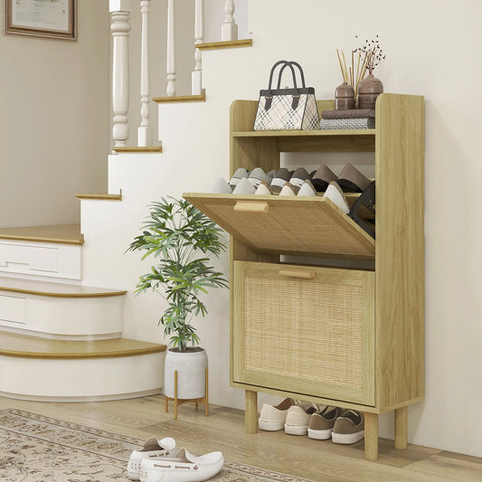 Slim Shoe Storage, 2 Flip Drawers, Adjustable Shelves, 12 Pair, Oak Shoe Storage Cabinets & Racks Oak at Gallery Canada