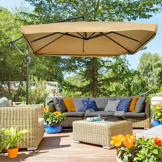 Offset Patio Umbrella with Net, Adjustable Canopy, Beige Cantilever Umbrellas Beige Fabric, Grey Frame at Gallery Canada
