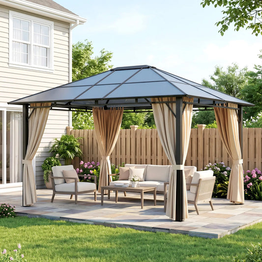 10' x 12' Hardtop Gazebo With Polycarbonate Roof, Garden Pavilion With Curtains Gazebos Beige and Brown at Gallery Canada