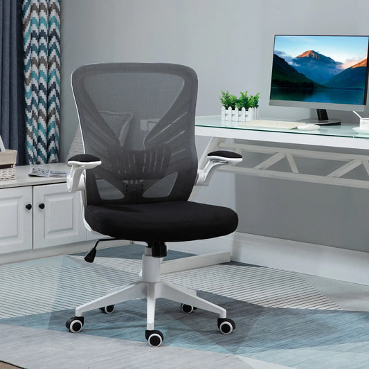 Mesh Office Chair, Swivel Task Desk, Lumbar Support, Flip-Up Arm, Adjustable Height, Grey/Black Task Chairs Grey and Black fabric, White frame at Gallery Canada
