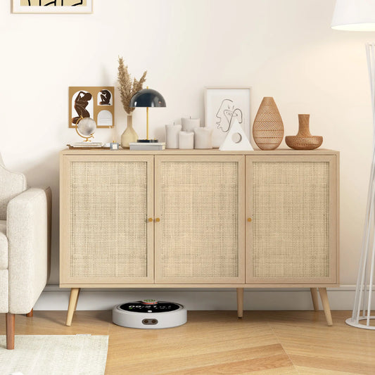 Boho Kitchen Sideboard Cabinet, Shelves, Wood Legs, Rattan Doors, Natural Storage Cabinets Natural at Gallery Canada