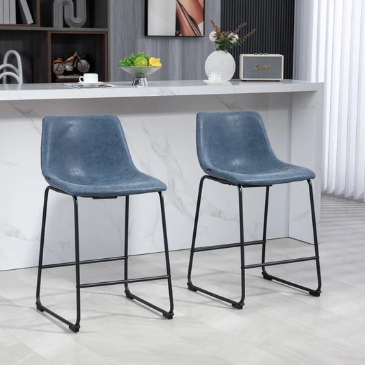 Vintage PU Leather Bar Stools, Set of 2, w/ Footrest, Blue Bar Stools Dark Blue at Gallery Canada