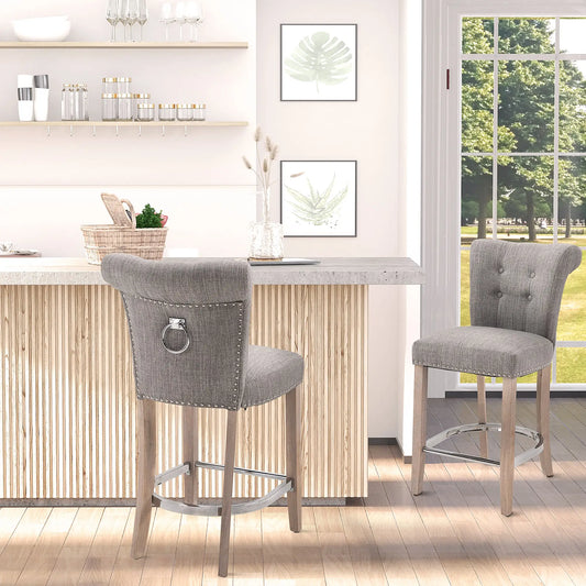 Upholstered Counter Height Bar Stools, Set of 2, Wood Legs, Grey Bar Stools Grey at Gallery Canada