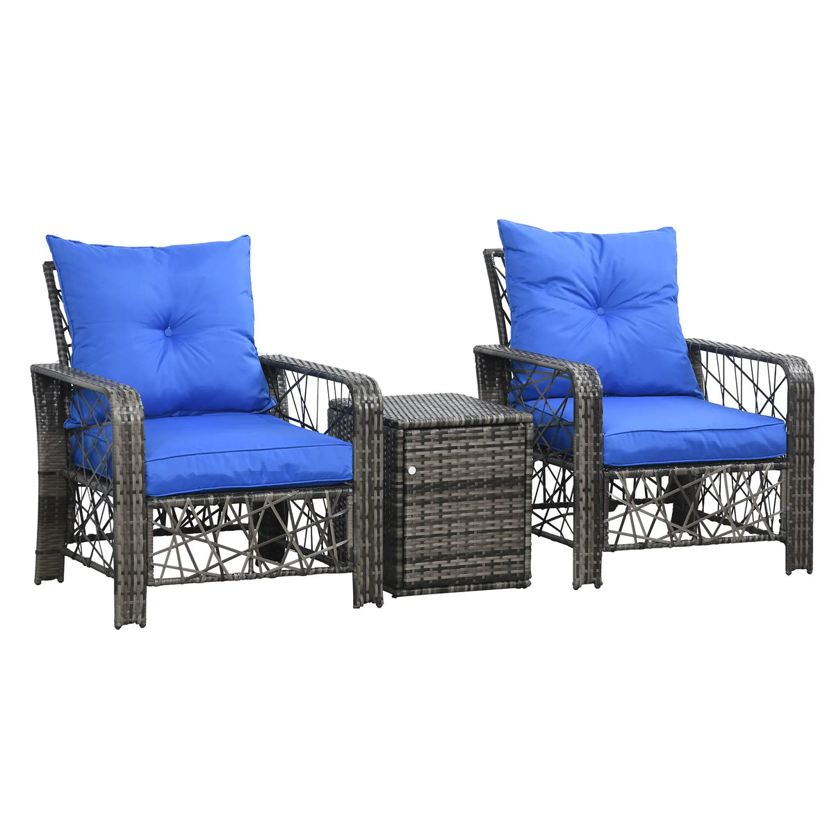 3 Piece Wicker Patio Furniture Set, Coffee Table, Cushions, Blue Bistro Sets at Gallery Canada