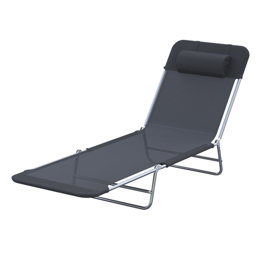 Outdoor Lounge Chair, Portable Adjustable Reclining Seat Folding Chaise Lounge Patio Camping Beach Tanning Chair Bed with Pillow, Black - Gallery Canada