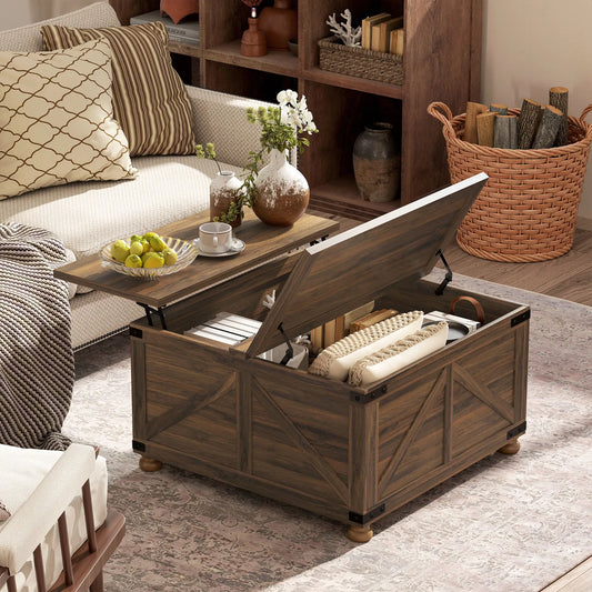 Table basse à plateau relevable, style ferme 32", compartiment caché, grain de bois brun, marron
