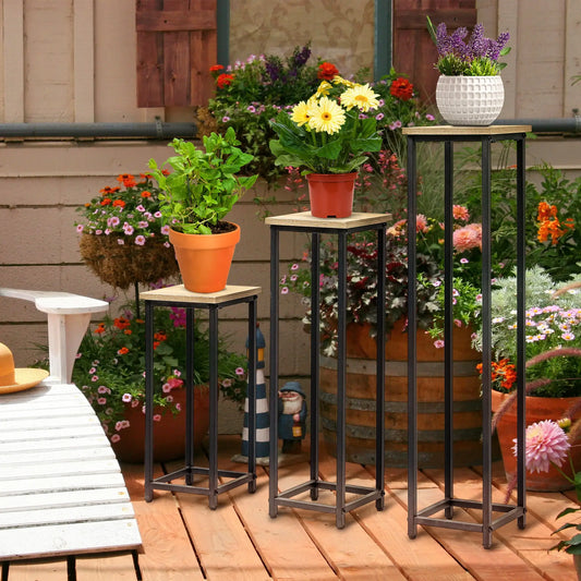 3 Pack Metal Plant Stand, Indoor Outdoor Rack, Decorative Flower Holder Plant Stands Black, Natural Wood at Gallery Canada