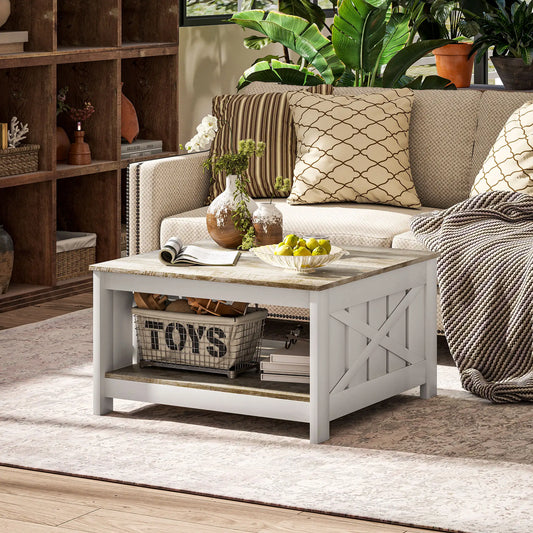 31.5" Square Coffee Table, Farmhouse 2-Tier, Distressed Oak Brown, Brown