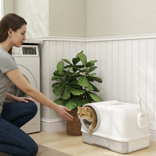 Bac à Litière pour Chat avec Capot, Tiroir de Nettoyage Facile, Contrôle des Odeurs, Blanc Gris