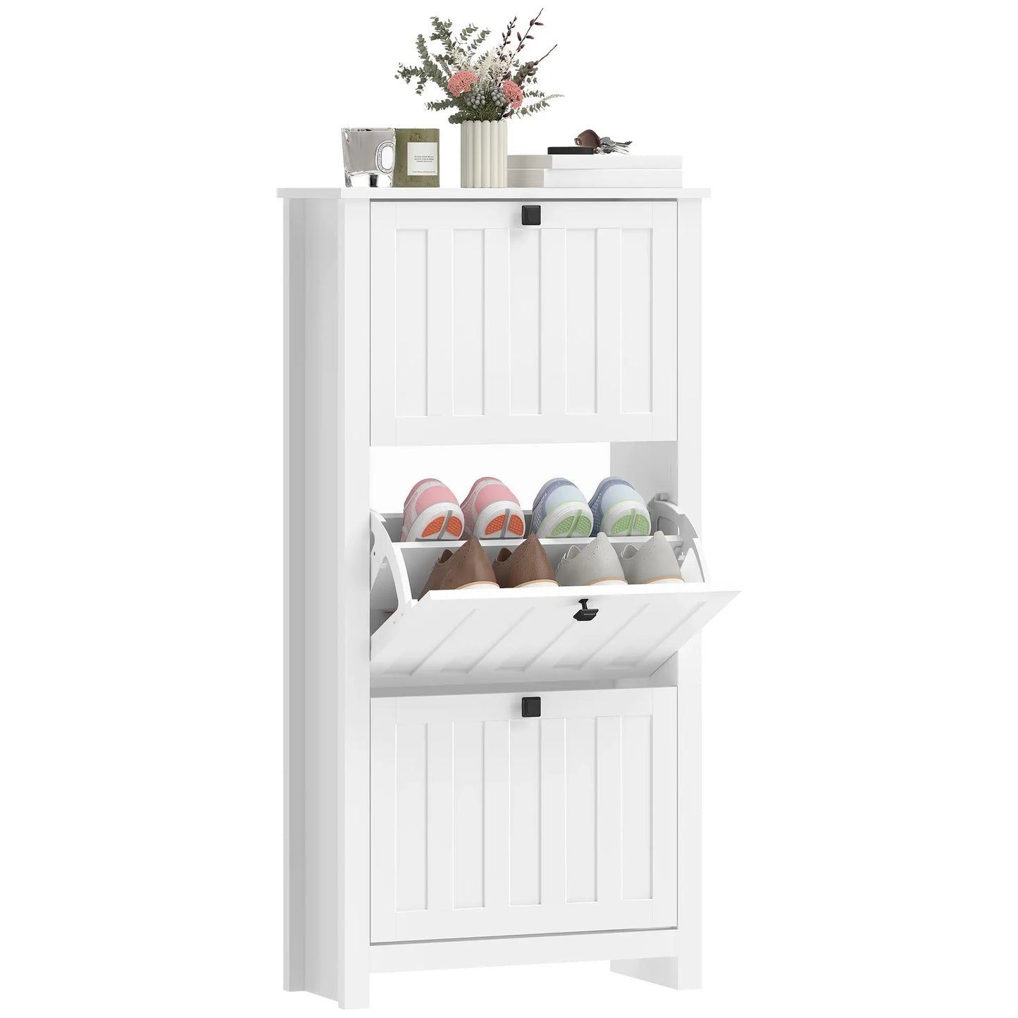 Slim Shoe Cabinet, 3 Flip Drawers, Adjustable Shelves, Holds 12 Pairs, White Shoe Storage Cabinets & Racks at Gallery Canada