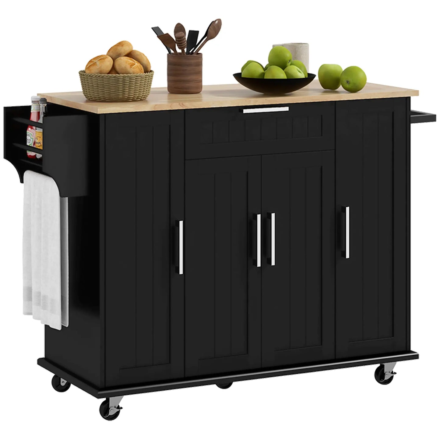 Modern Rolling Kitchen Island Cart, Natural Wood Top, Black, Black Kitchen Islands & Kitchen Carts at Gallery Canada