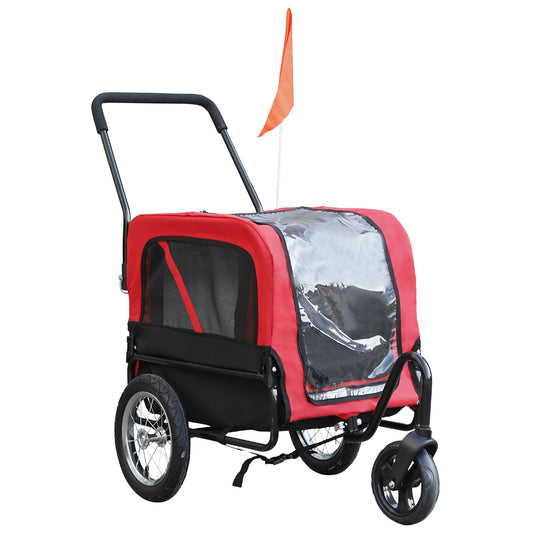 Dog Bike Trailer 2-In-1 Pet Stroller Cart Bicycle Wagon Cargo Carrier Attachment for Travel with 360 Swivel Wheel, Hitch, Suspension, Safety Flag, Red - Gallery Canada