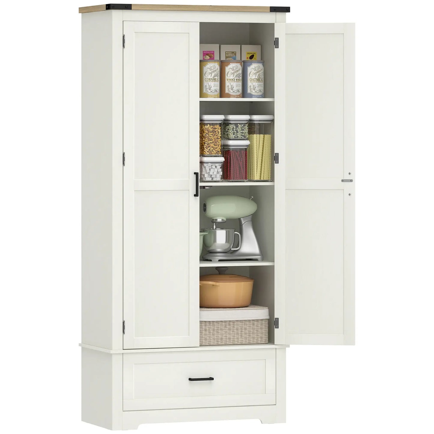 69" Tall Farmhouse Pantry Cabinet, 2 Doors, Drawer, Cream White Kitchen Pantry Cabinets at Gallery Canada