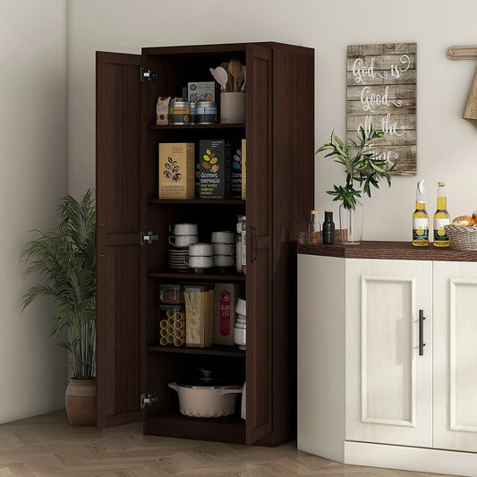 63" Kitchen Storage Cabinet, 5-Tier Pantry with Doors, Adjustable Shelves, Dark Brown Kitchen Pantry Cabinets Distressed Dark Brown at Gallery Canada