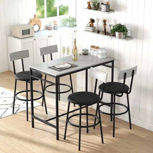 5-Piece Industrial Bar Table Set, 4 Stools with Footrest, Cement Grey Bar Sets Cement Grey, Black at Gallery Canada