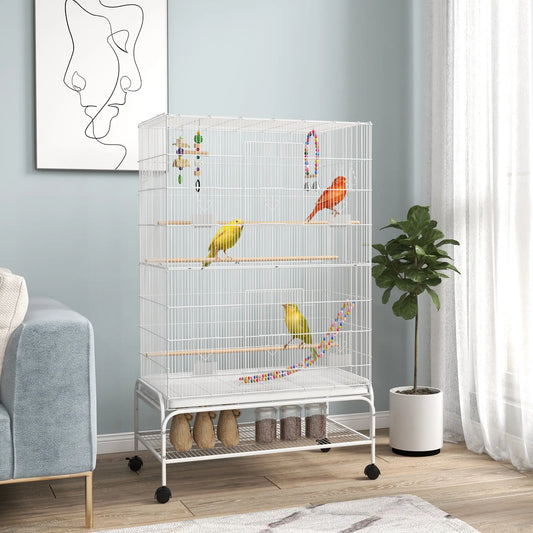 52" Bird Cage With Rolling Stand, Toys, For Budgies Canaries, White