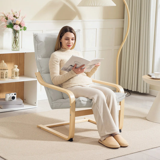 Birch Wood Fabric Modern Armchair, Curved Leg and Arm, Cream White Accent Chairs Cream at Gallery Canada