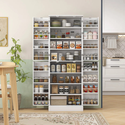 65" Kitchen Pantry Cabinet, 4 Doors, 16 Shelves, White Kitchen Pantry Cabinets White at Gallery Canada