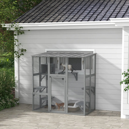 Outdoor Cat Enclosure, Window Box, Weatherproof Roof, Grey