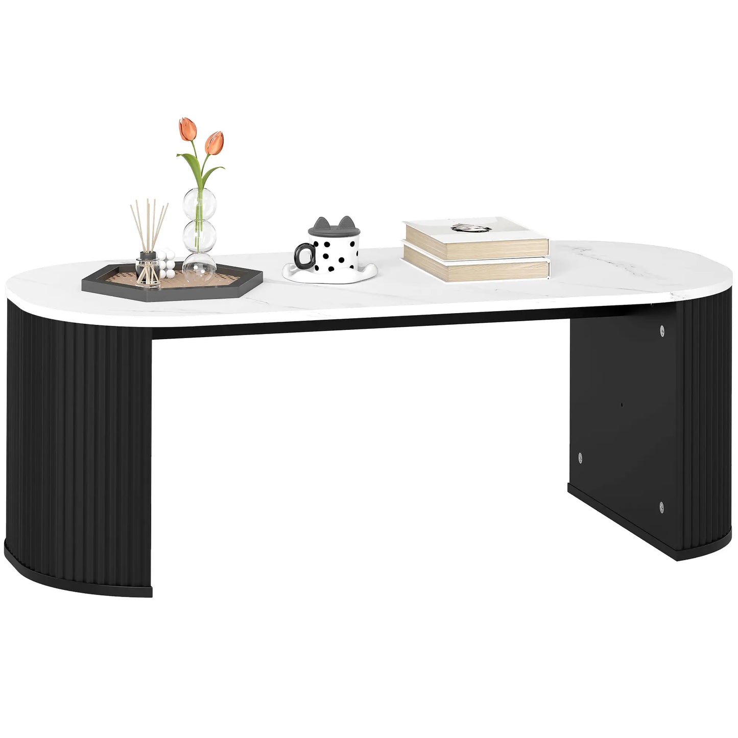 Modern Marble-Effect Coffee Table, Round Corners, Thicken Legs, Black Coffee Tables at Gallery Canada