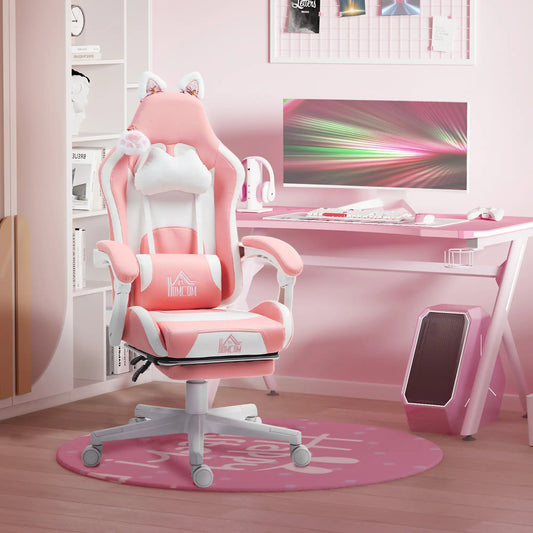 Racing Gamer Chair, Faux Leather with Footrest, Headrest, Lumbar Support, Pink