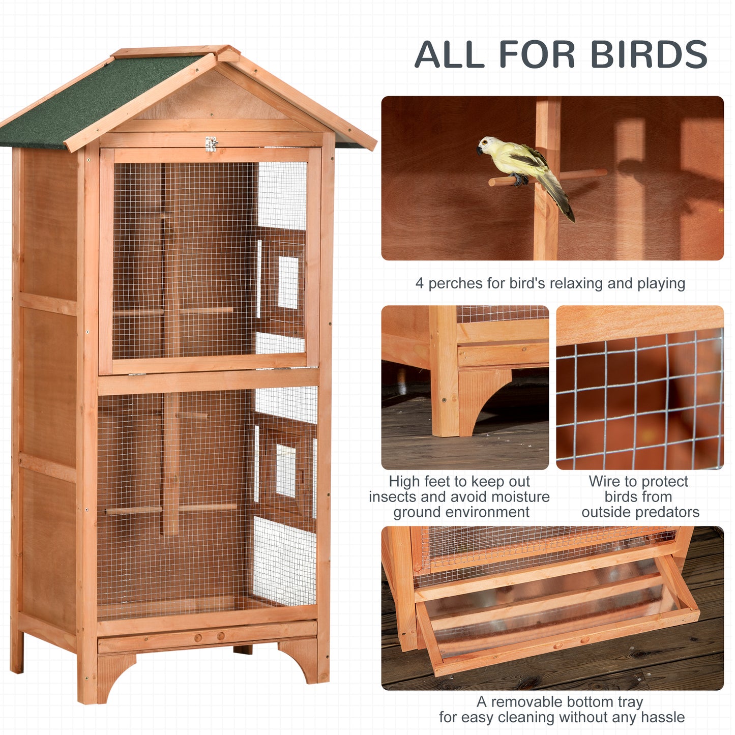 Wooden Bird Aviary Parrot Cage Pet Furniture with Removable Bottom Tray, 2 Doors, Asphalt Roof, 4 Perches, Orange